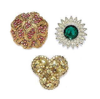 A Group of Costume Jewelry, 1st Brooch: 2" Diameter, 2nd Brooch: 2.25" x 2.25", 3rd Brooch: 2.25" Diameter, Ring: .75" x .62"