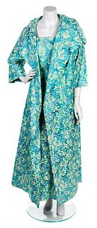 An Arnold Scassi Blue and Green Floral Evening Ensemble, No Size.