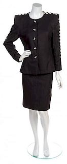 A Carolina Herrera Black Cotton Pique Skirt Suit, Jacket Size 12.