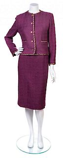 A Chanel Creation Plum Boucle Suit with Gold Trim, No Sizes.