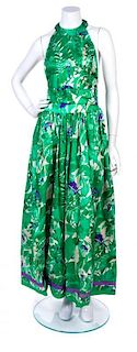 A Michel Goma Green and Purple Cotton Floral Halter Gown, No Size.