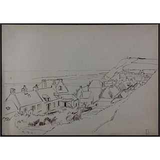 Ludovic Rodo Pissarro, French (1878-1952) Ink drawing "Hillside Village" Monogram stamp lower right