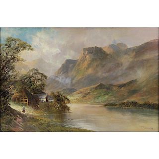 Frank Jameson, British (1898-1968) oil on canvas "Cottage By A Mountain Lake" Signed lower right, old label verso