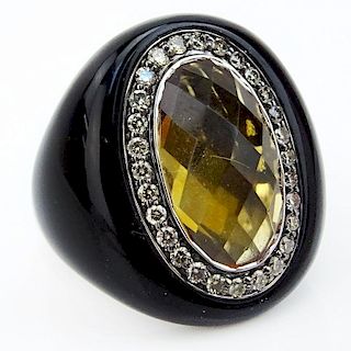 Oval Cut Citrine, Round Cut Diamond, Resin and 14 Karat White Gold Ring