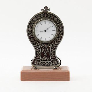 Antique Guilloche Enamel, Sterling Silver and Marcasite Desk Clock on Stone Base