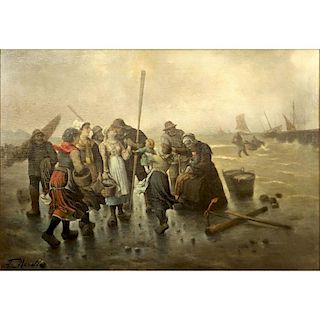Fr. Noville (19th C) Large Oil On Canvas "Return Of The Fishermen"