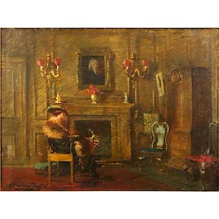 Albert Chevallier Tayler, British (1862-1925) Oil on canvas "Interior With Woman Seated By The Fire"