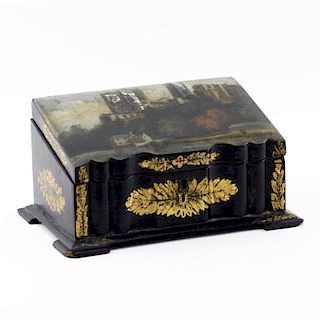 19th Century English Lacquered Wood and Hand Painted Tea Caddie