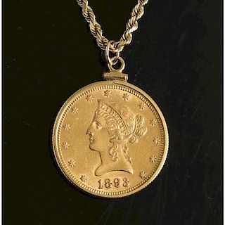 $10 Liberty Head Gold Coin In 14k Bezel w/ Chain