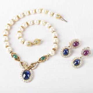 Gemstone, Diamond, Pearl and 18K Necklace