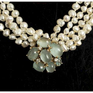 Biwa Pearl Aquamarine Necklace