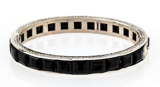 Silver and Onyx Hinged Bracelet Marked Sterling