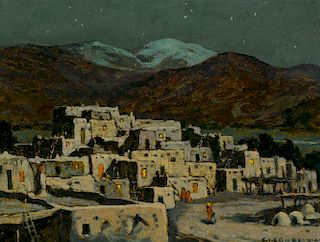 Eanger Irving Couse (1866-1936) Taos Pueblo, Moonlight ca. 1935