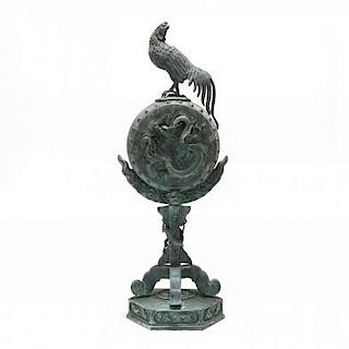 Japanese Bronze <i>kankodori</i> (Cock on a drum) Sculpture