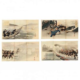 Four Russo-Japanese-War Triptych Prints by Getsuzo (active 1904-1905)