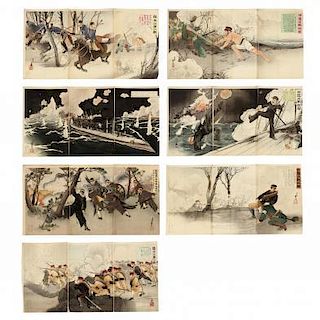 Seven Russo-Japanese War Print Triptychs by Migita Toshihide (1863-1925)