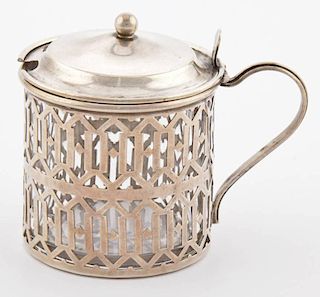 Silver Mustard Pot with Hinged Lid and Glass Liner