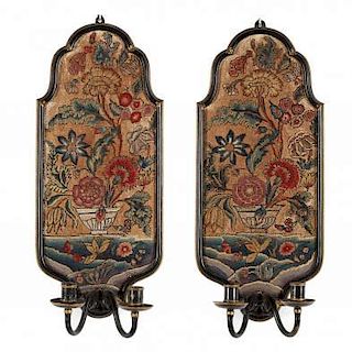 Pair of William & Mary Needlepoint, Gilt and Painted Wall Sconces