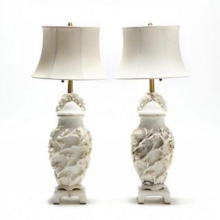 Pair of Carved Marble Urn Form Table Lamps
