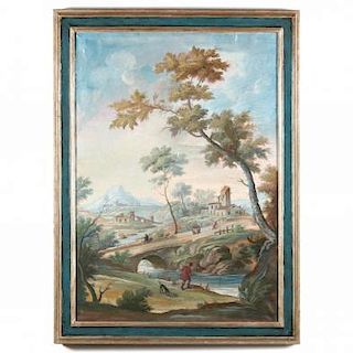 Italian Landscape Painting with Fisherman and Village