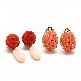 Two Pairs of Vintage Gold and Coral Earrings