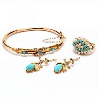 Three Vintage Gold and Turquoise Jewelry Items