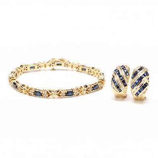 14KT Gold, Sapphire, and Diamond Bracelet and Earrings