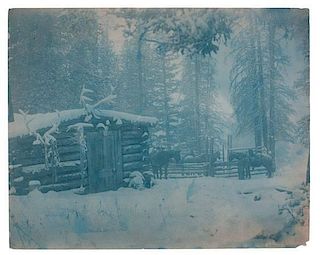 Charles J. Belden Cyanotype of a Cowboy Tending his Horse Outside a Snow-Covered Cabin 