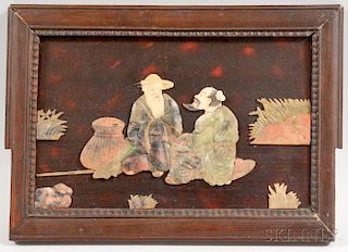 Asian Wood Panel with Carved Stone Figures