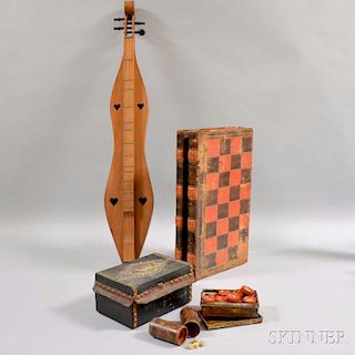 Faux Book-form Checkerboard, a Leather-bound Document Box, and a Musical Traditions Dulcimer.