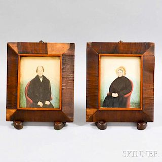 Pair of Framed Watercolor Portrait Miniatures of a Man and Wife