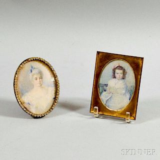 Two Framed Portrait Miniatures of a Woman and Child