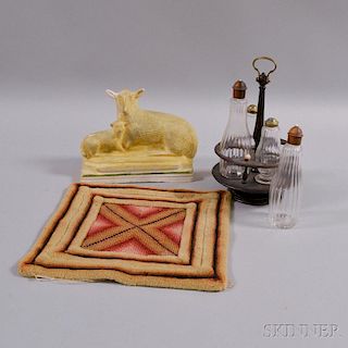 Chalkware Figure of a Sheep and Lamb, a Cruet Set, and a Needlepoint Mat.