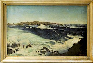 C.W. Van Ness (American, 20th Century)      Crashing Surf on a Rocky Coast.