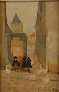 Louis Doyle Norton (American,  (1867/68-1940)      Three Little Waifs with Geese at a Village Corner.