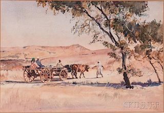 Simon Hodge (South African, 1903-1973)      Arid Landscape with Figures and Ox Cart.