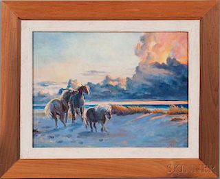 Joyce Hall (American, 20th/21st Century)      Chincoteague Ponies at Sunset.