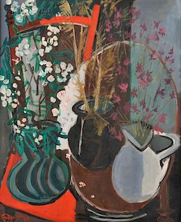 American School, 20th Century      Still Life with Three Pitchers Filled with Flowers.