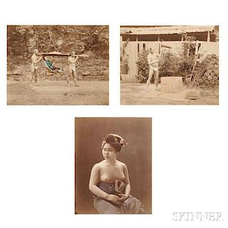 Japanese School, 19th Century      Three Photographs of Japanese Subjects, Including a Seminude Geisha