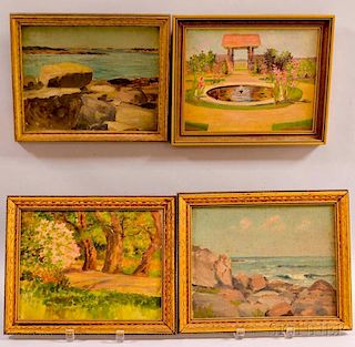 Alice Preble Tucker De Haas (American, 1859-1920)      Four Framed Landscapes: Two Views of York Beach, Garden with Fountain