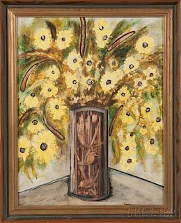 Simon Lissim (American, 1900-1981)      Floral Still Life in a Vase Decorated with Three Birds.