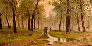 Alexander Nelke (American, 1894-1974)    Figures on a Path in Rain