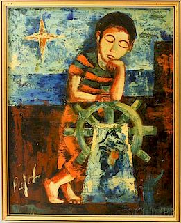 Francisco Pujol (Spanish, b. 1927)      Child Resting on the Wheel of a Ship