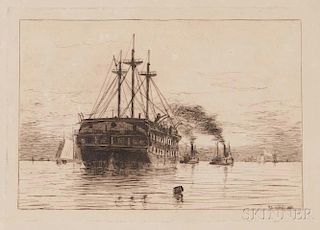 Rominer Lovewell (American, 1853-1932)      Sailing Ship under Tow.