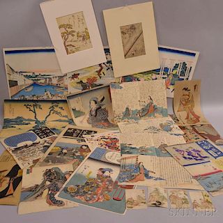 Twenty-four Assorted Woodblock Prints and Book Pages