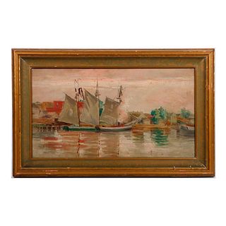 Painting of Sailboats Under Pink Sky.