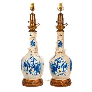 Pair of Chinese Blue & White Vases Mounted as Lamps.