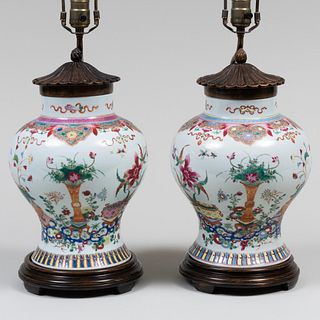 Pair Of Chinese Famille Rose Porcelain Baluster Jars Mounted as Lamps