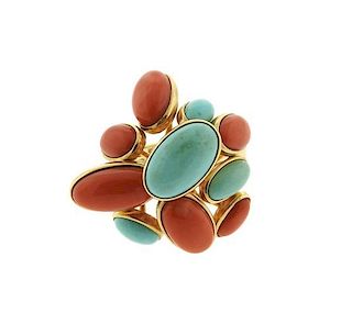 Funky 14K Gold Turquoise Coral Ring