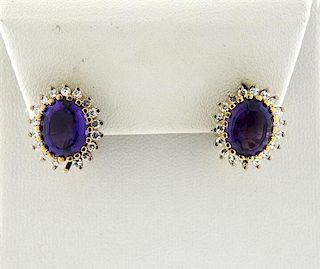 18K Gold Diamond Purple Stone Oval Earrings